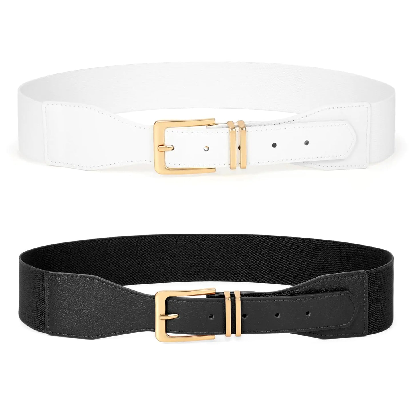 WHIPPY 2 Pack Women Elastic Waist Belts Fashion Wide Stretchy Ladies Gold Buckle Belts for Dress XL Black+White