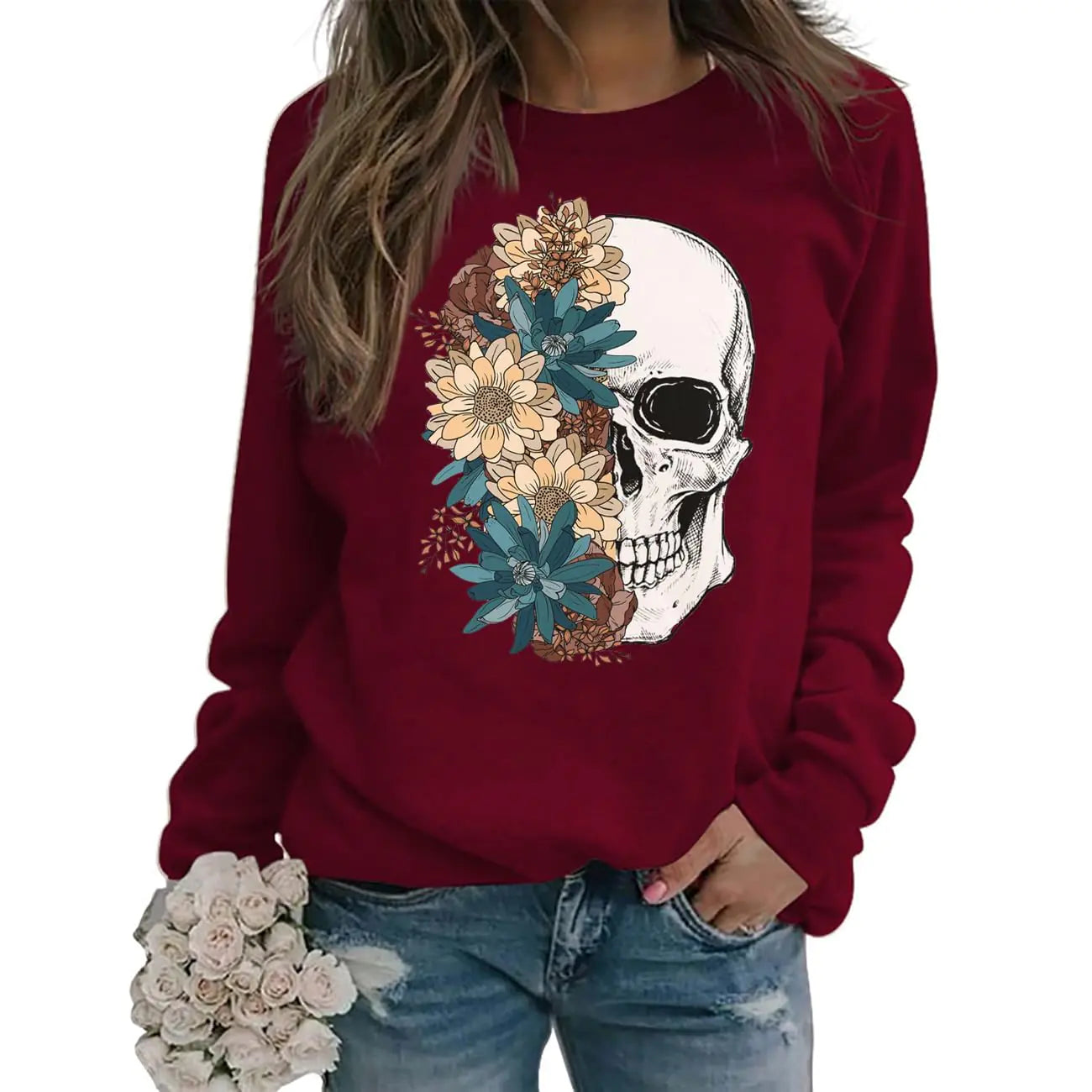 Bloom Skull Sweatshirt for Women Boho Floral Skull Graphic Tshirt Fall Long Sleeve Crewneck Pullover Tops (L Wine Red)