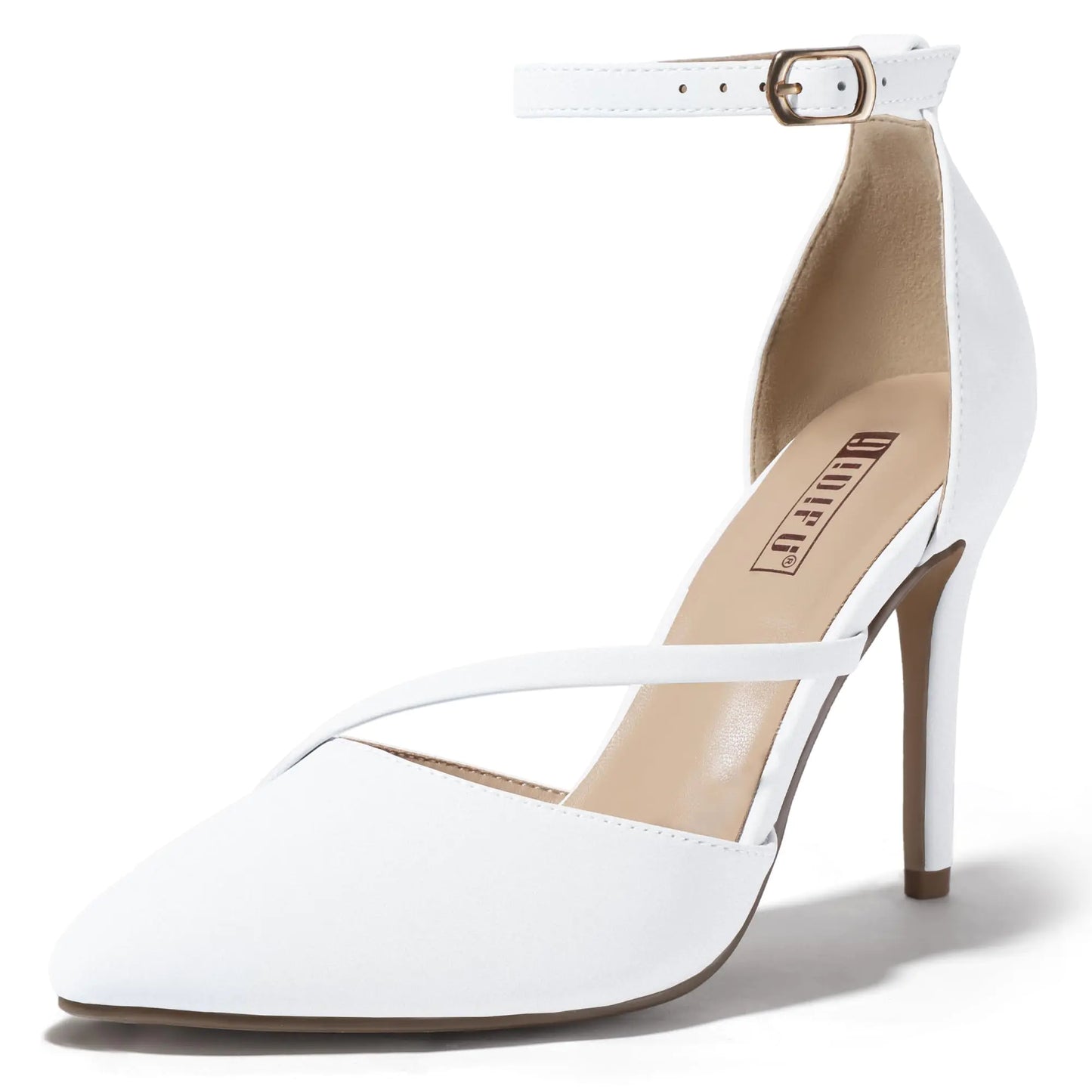 IDIFU White Pumps Women Closed Toe High Heels Stiletto Dress Shoes for Women Wedding Prom Dressy Party Shoes Fashion Comfortable Strappy Pointed Toe Ankle Strap Heels Pumps(White Pu 7)
