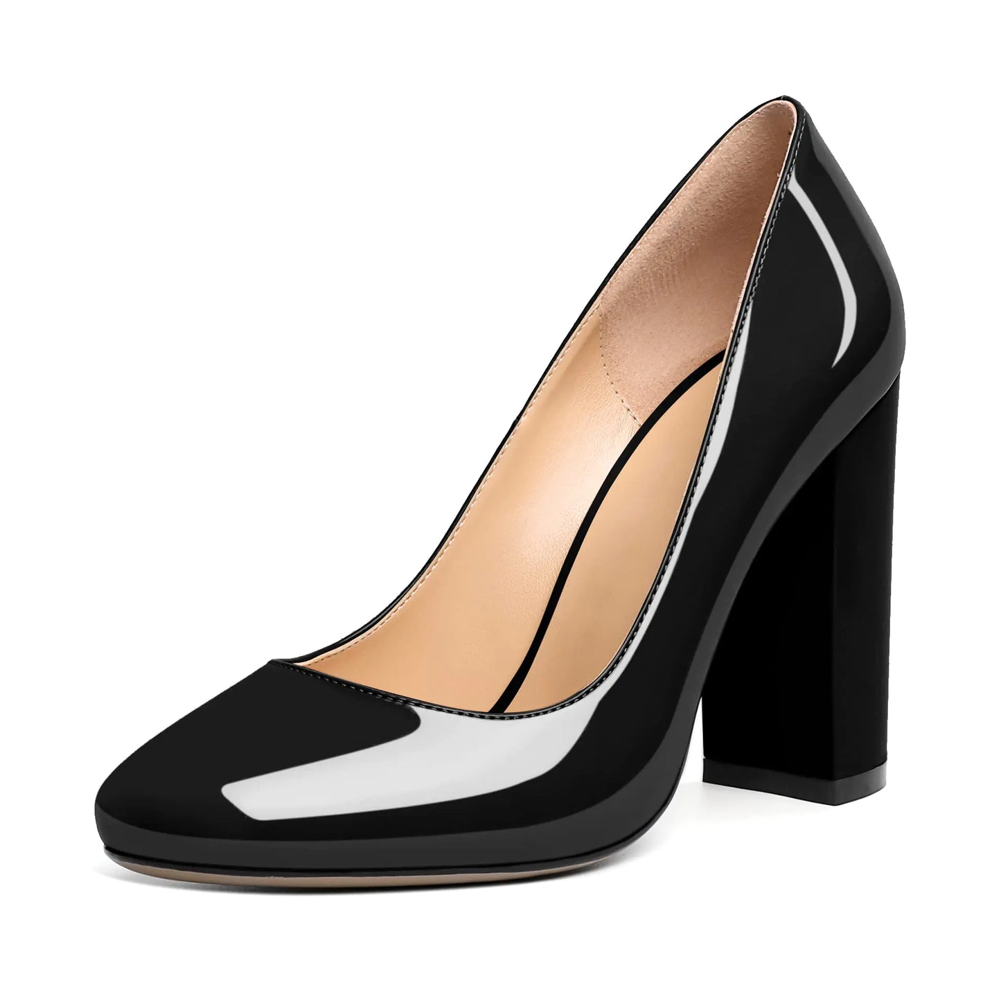 SAMMITOP Womens Slip On Closed Round Toe Pumps Block High Heel Pumps Shoes 4 Inch Slip On Block Heels Dress Shoes for Women Size Black 9.5 US M