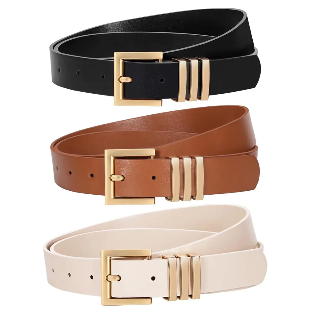 Huyfhksd 3 Pack Women Leather Belt for Jeans Pants Dresses Fashion Ladies Waist Belts with Gold Buckle XL FBlack/Brown/Beige(Square)
