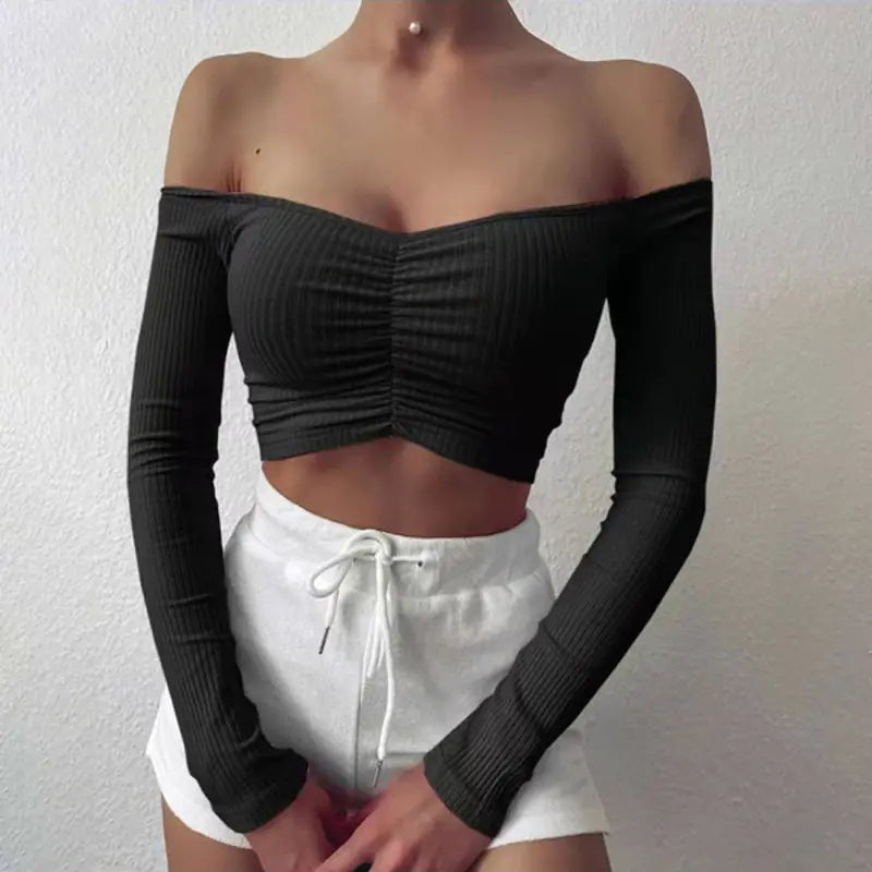 Sweet Solid Color Long Sleeve Off-Shoulder Top for Women