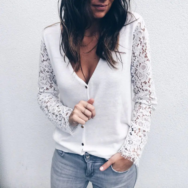 V-Neck Lace Long Sleeve T-Shirt