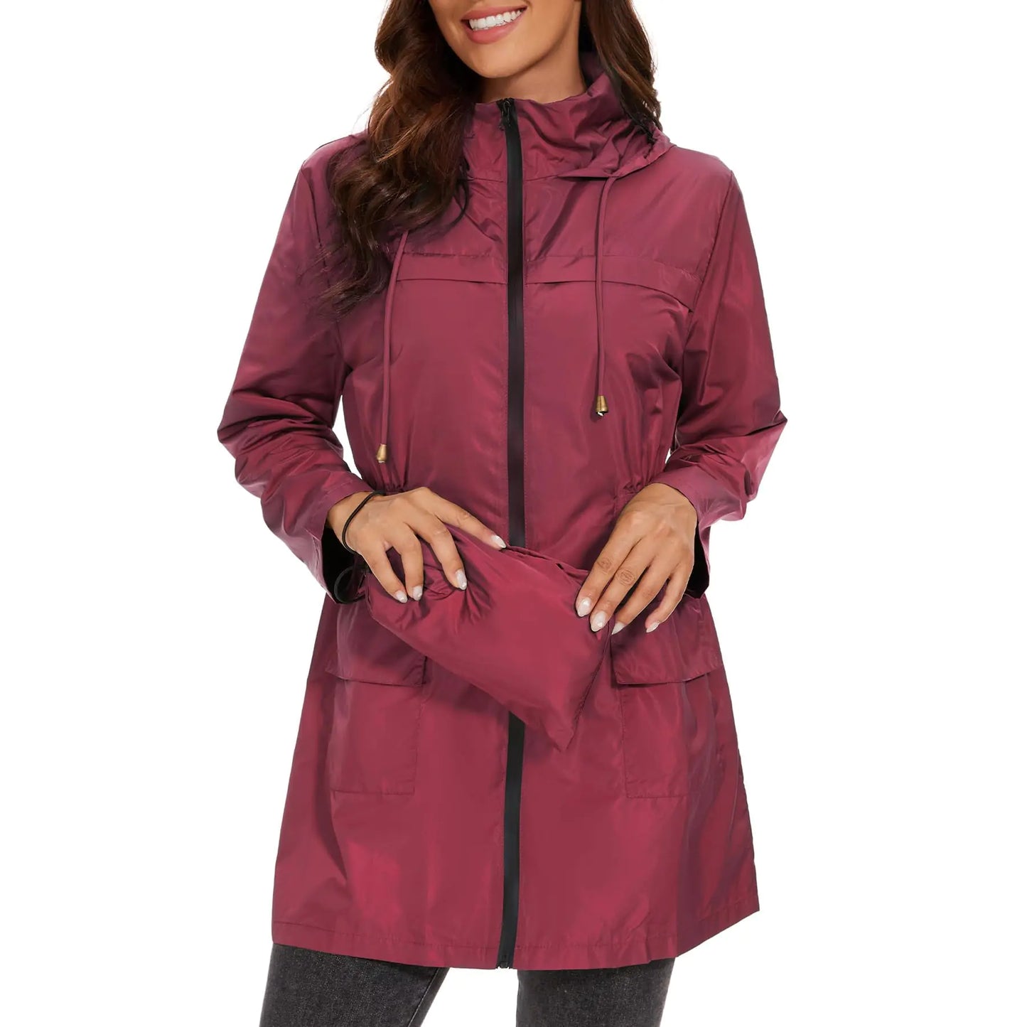 Zando Long Rain Jackets for Women Waterproof Packable Rain Jacket Women Trench Coat Ladies Long Raincoats with Hood Lightweight Breathable Rain Jackets Red Trench Coat for Women A06 Wine Red X-Large