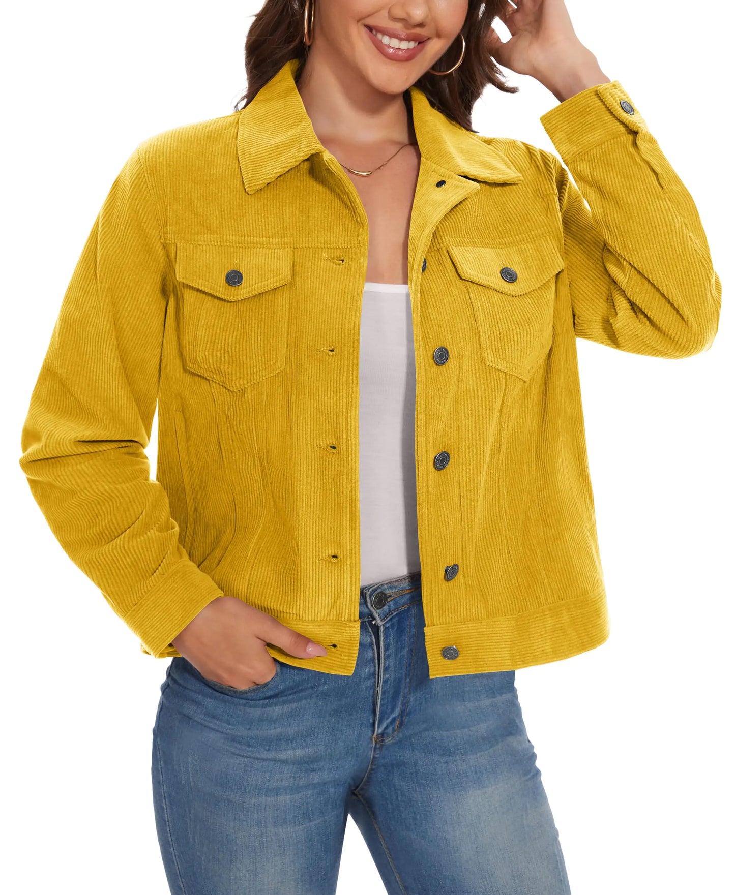 MAGCOMSEN Button Down Jackets Women Long Sleeve Casual Stylish Corduroy Shacket Jackets Basic Classic Fall Trucker Jacket Ginger