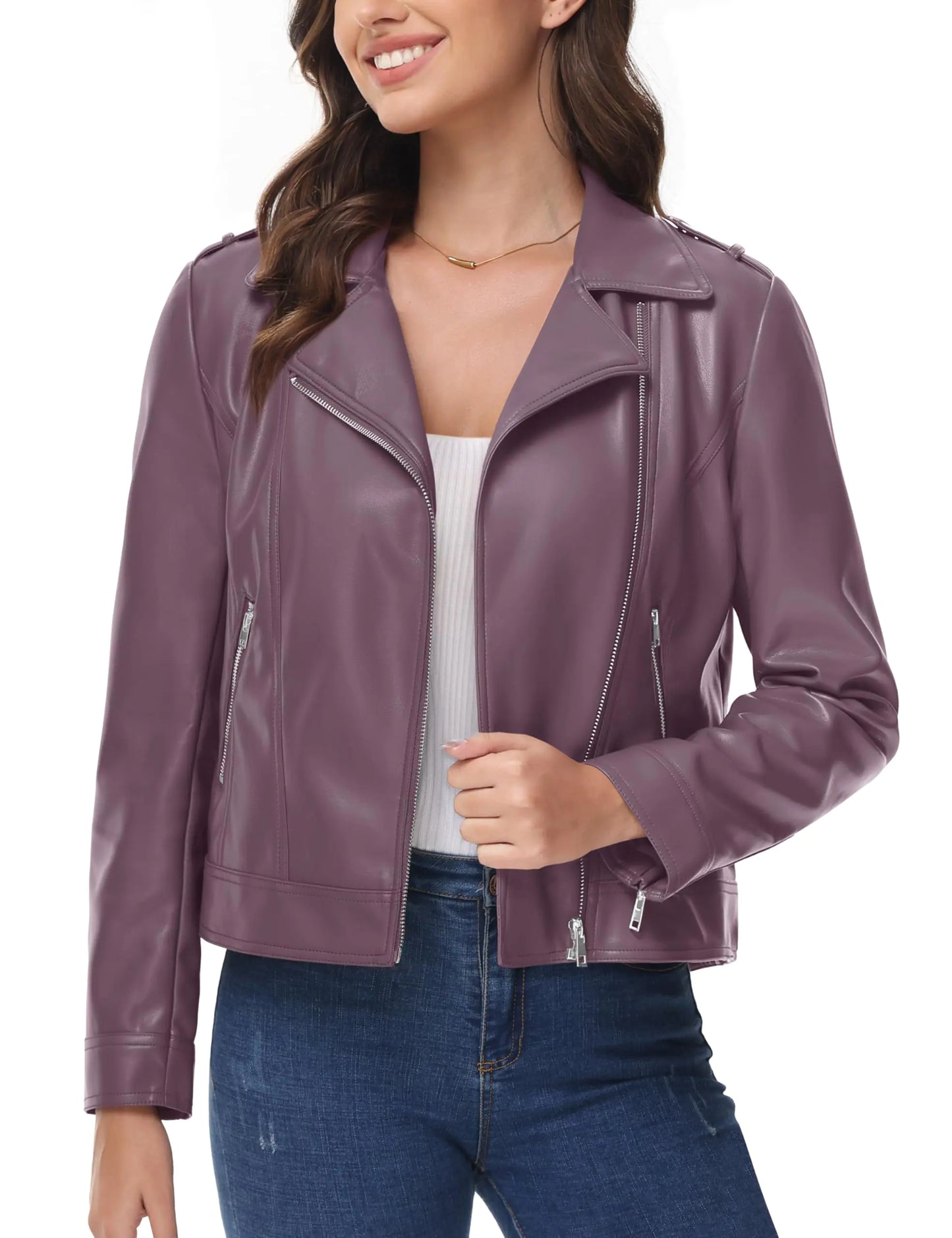 MAGCOMSEN Woman Leather Biker Jacket Classic Faux Leather Jacket Deep Pockets Zipped Pleather Jackets Lapel Motorcycle Jackets Purple 2XL