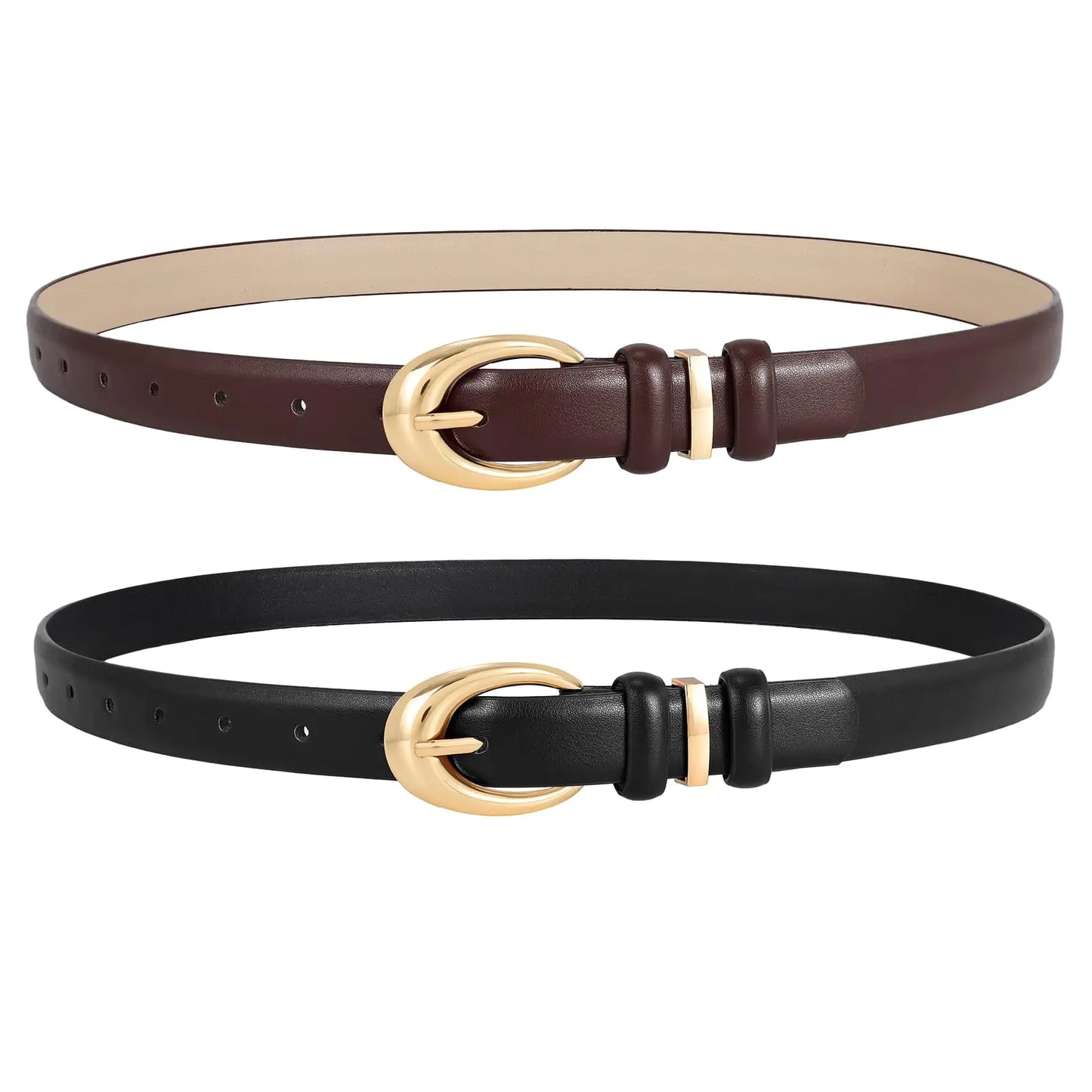 LEACOOLKEY 2 Pack Women Leather Belts for Jeans Dress Fashion Belt with Gold Silver Buckle,for waist size 41"-44"