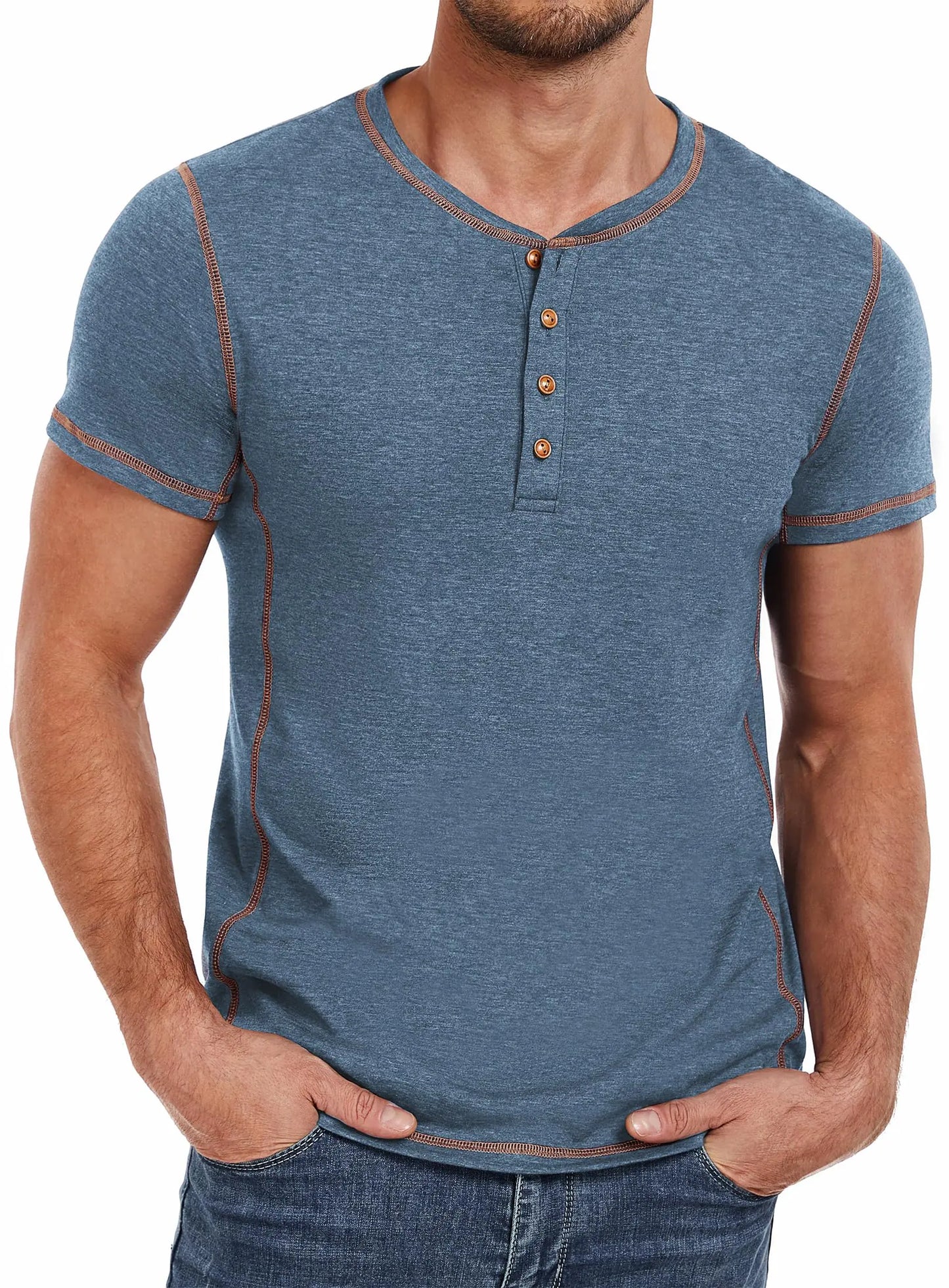 PEGENO Mens Fashion Henley Short Sleeve T-Shirt Cotton Casual Shirt Contrast Stitching Tees Tops VG-Blue Medium