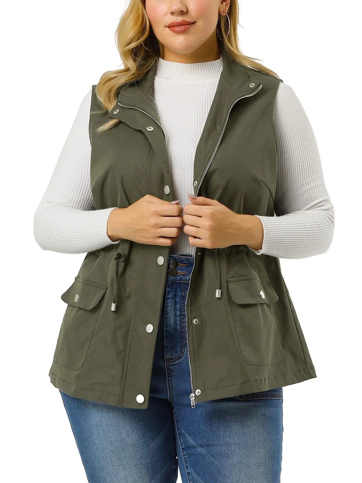 Agnes Orinda Plus Size Jackets for Women Lightweight Sleeveless Anorak Cargo Vest 4X ArmyGreen