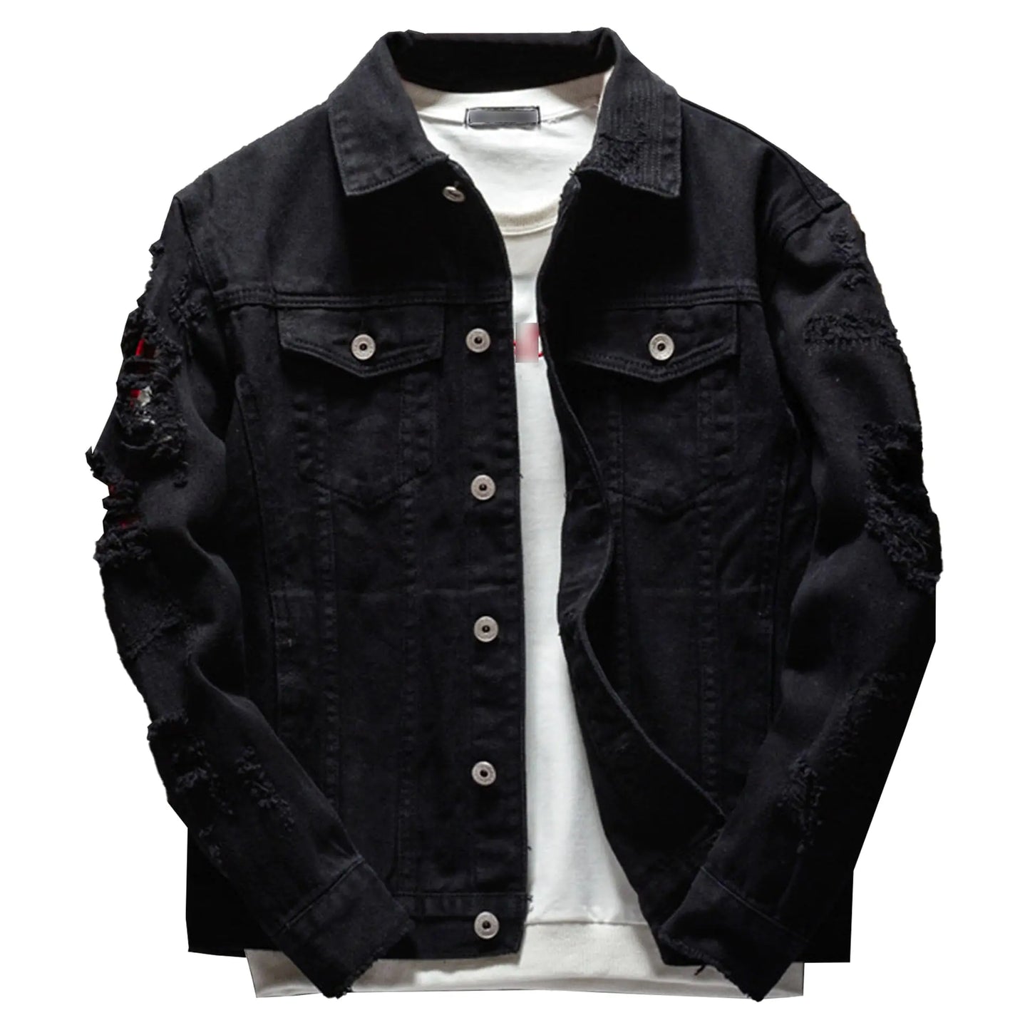 SWJGLITTR Men Button Distressed Denim Jacket Ripped Slim Trucker Jean Jackets Casual Cowboy Cut Biker Coats (LargeBlack)