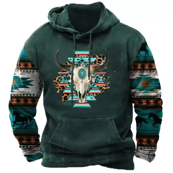 ZOCAVIA Ethnic Aztec Mens Hoodies Pullover Hooded Drawstring Tops for Boys Teens Hooded Pullover Tops Casual Long Sleeve Shirts Cow Skull Graphic Mens Sweatshirts Hoodies -2XL