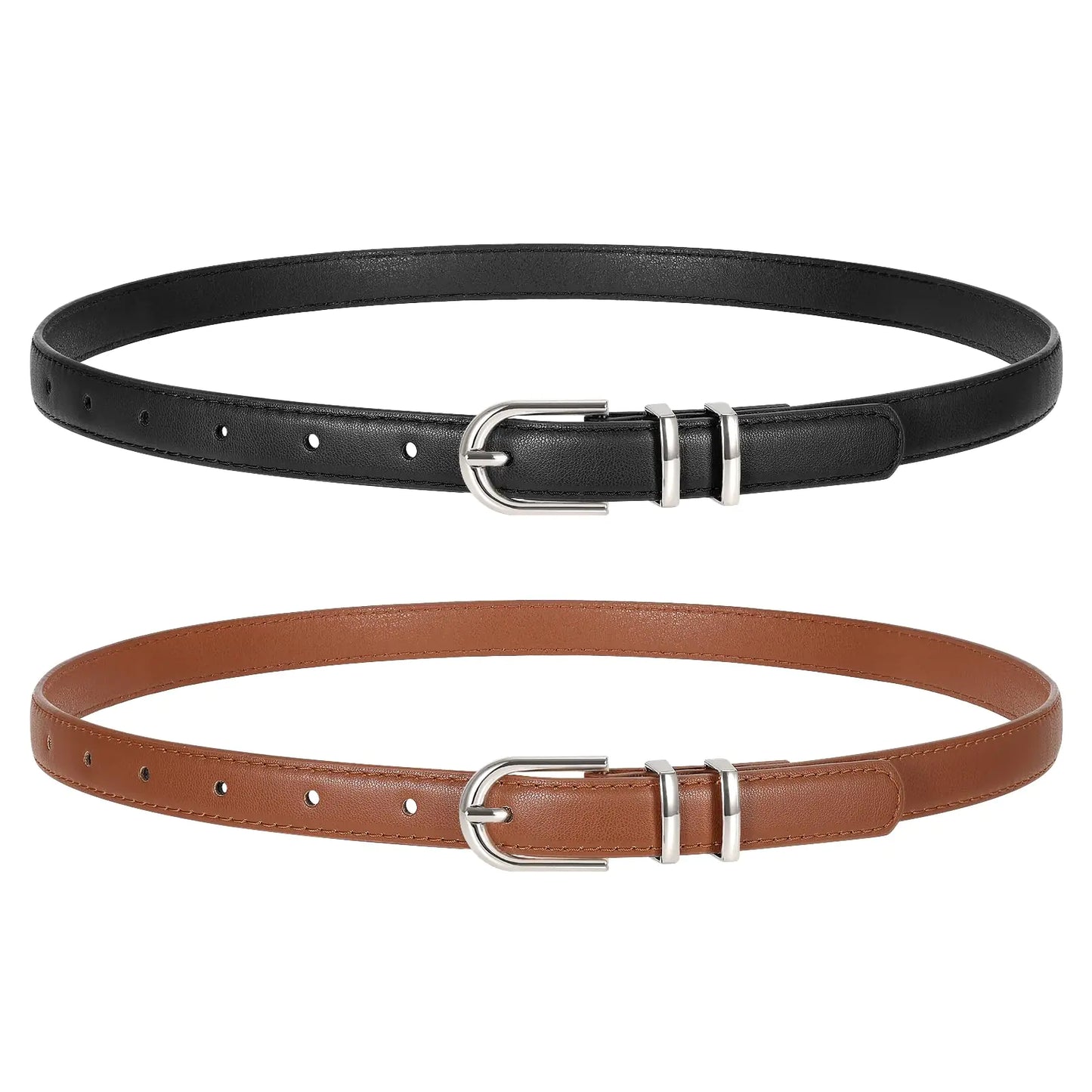 TRIWORKS 2 Pack Women Skinny Leather Belts for Jeans Pants Thin Faux Leather Belt with Silver Buckle