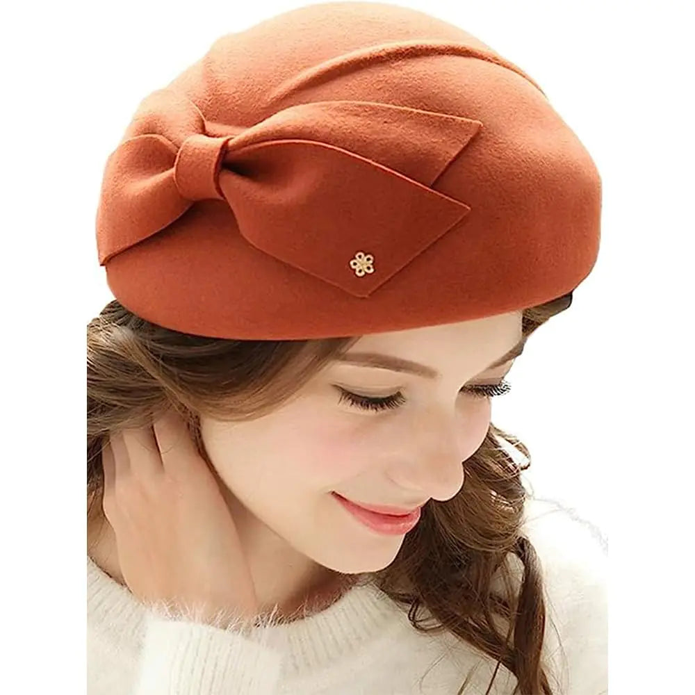 HIMESPORT Wool Felt Bowknot Elegant Fedora Hats Women Fascinators Pillbox Hats Formal Church Derby Dress Fedoras Orange