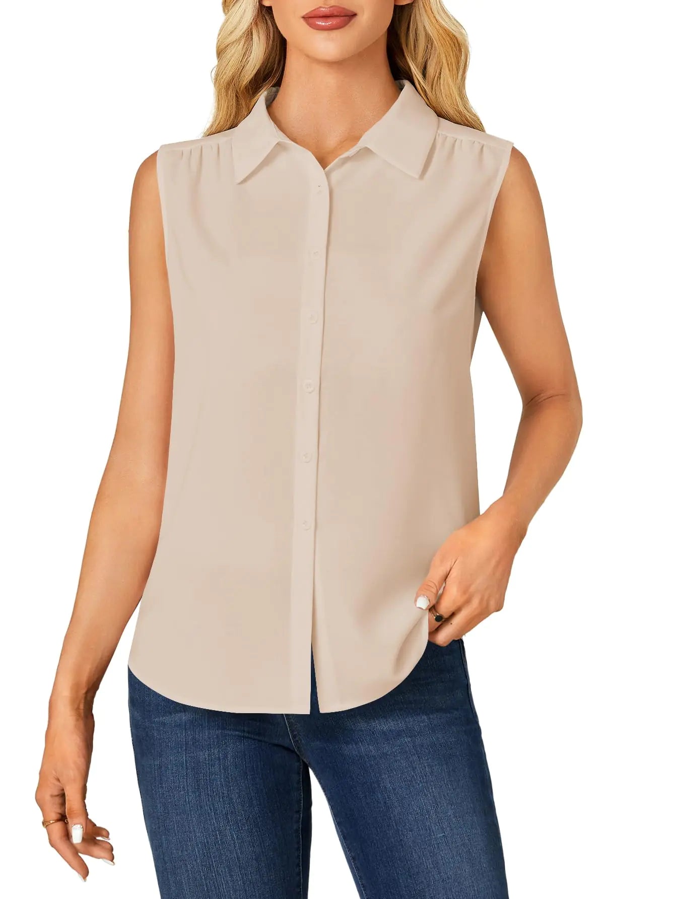 Rooscier Womens Collar V Neck Sleeveless Button Down Basic Casual Shirt Tank Top Beige Medium