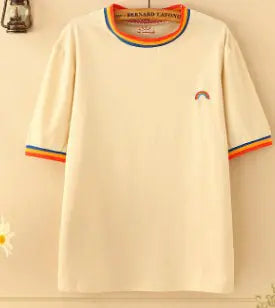 Casual Color Block Rainbow Embroidered Cotton T-Shirt