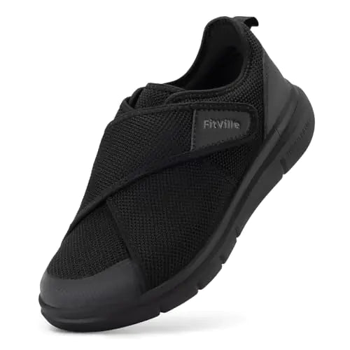 FitVille Diabetic Shoes for Men Extra Wide Width Adjustable Closure Walking Shoes Swollen Feet Shoes for Neuropathy Pain Relief - EasyTop V5 (9.5 X-Wide Jet Black)