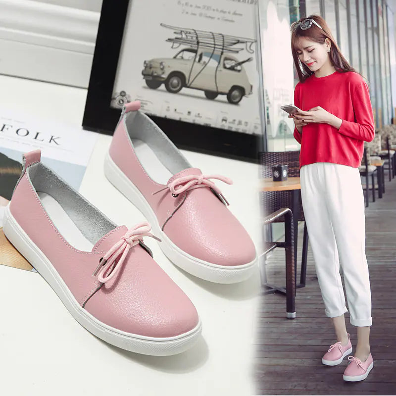 Genuine Leather Lace-Up Casual Flat Shoes for Women