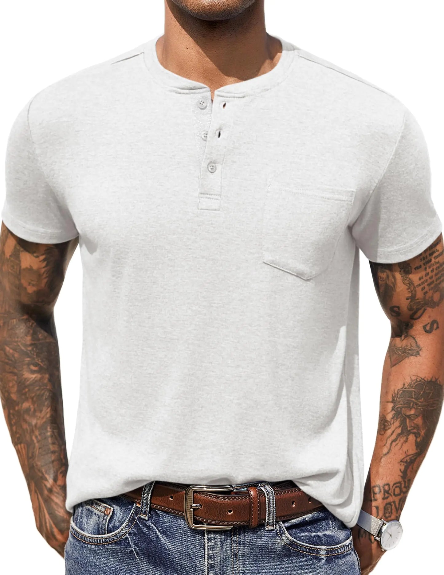 COOFANDY Mens Short Sleeve Henley T-Shirts Button Down Pocket Tee Casual Basic Daily Top Shirts White