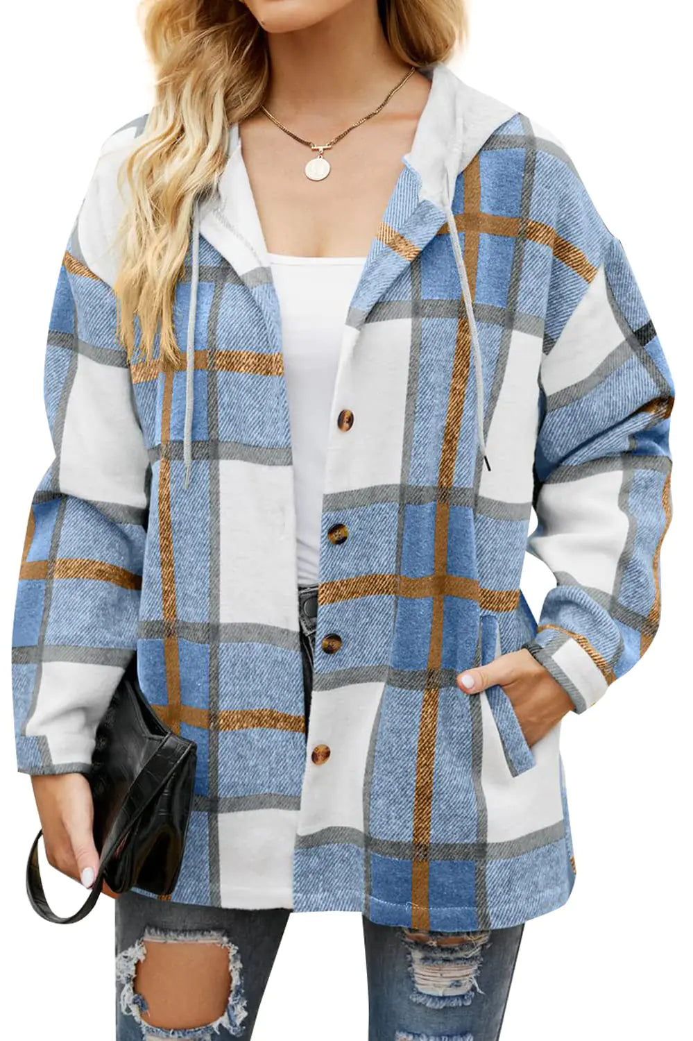 YOCUR Plaid Jackets Women Flannel Shirt Fall Lapel Outerwear Chunky Cardigan Button Up Shirts Hoodies Blouse Lihgt Blue M