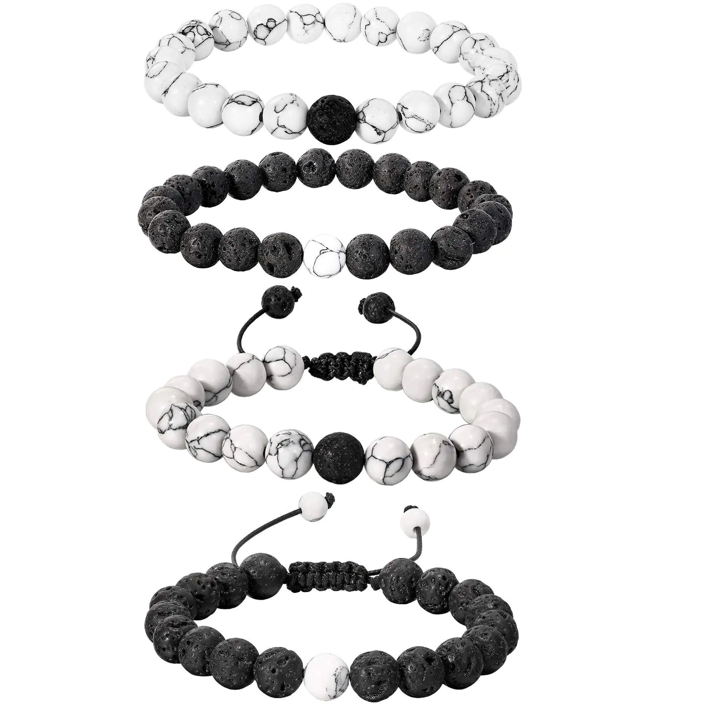 BBTO 4 Pieces Howlite Bracelet Lava Stone Diffuser Bracelet Couples Black Matte Agate Bracelet Couples Bracelet Set for Essential Oil