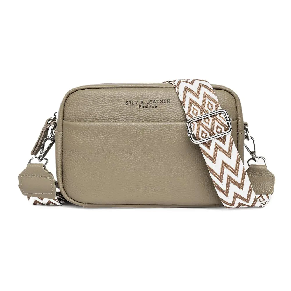 Crossbody Bag for Women Genuine Leather Wide Strap Shoulder Bag Purse Trendy Design Camera Crossbody Purse Top Zip