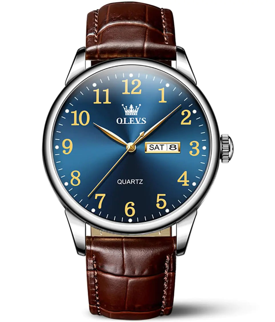 OLEVS Brown Watches for Men Blue Big Dial Leather Analog Mens Watch Casual Luminous Easy Reader Watches for Elderly Three Hands Dress Watch Day and Date Impermeable Male Watch