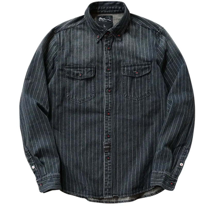 Retro Striped Denim Shirt - Long Sleeve Casual Coat