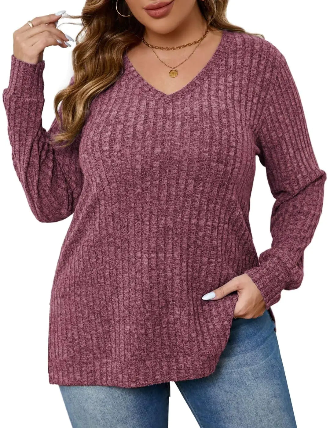MONNURO Womens Oversized Sweater V Neck Tunic Sweater with Split Hem Long Sleeve Ribbed Pullover Sweater(Dark Red2X)