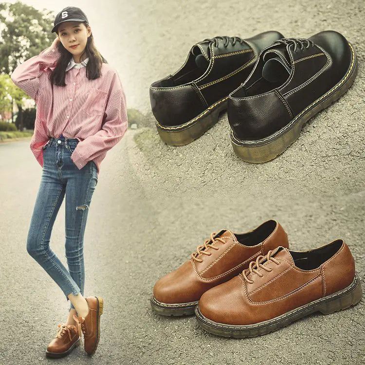 Stylish Retro Black Flat Leather Shoes for Women 2020