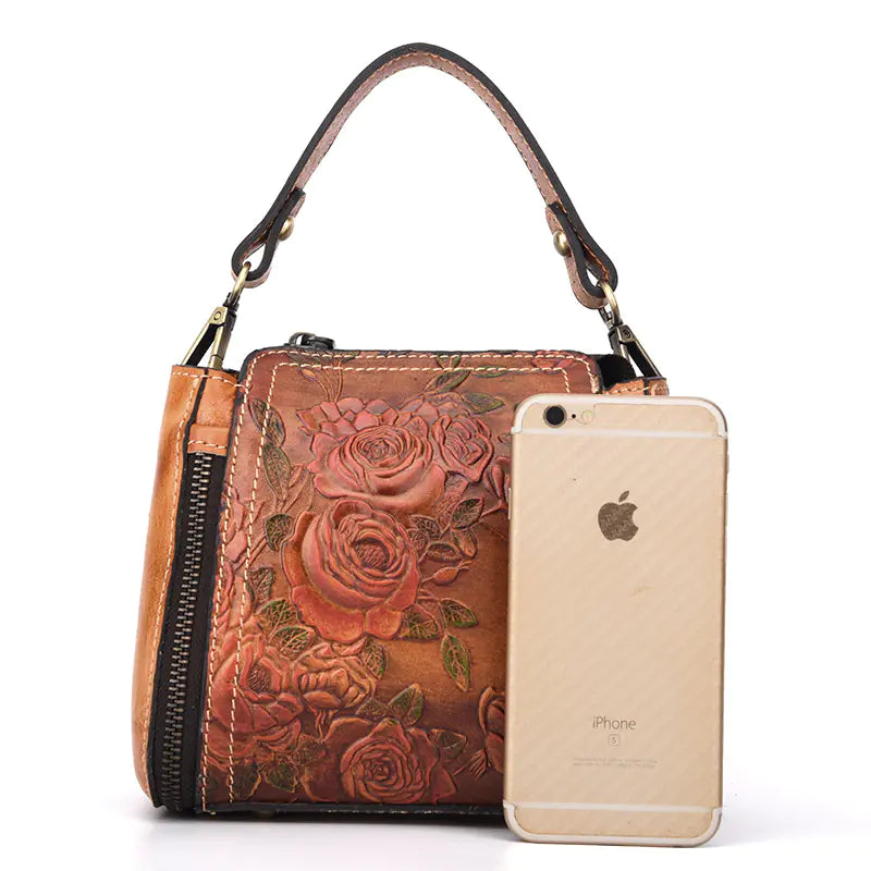 Stylish Vintage Leather Handbag with Floral Design