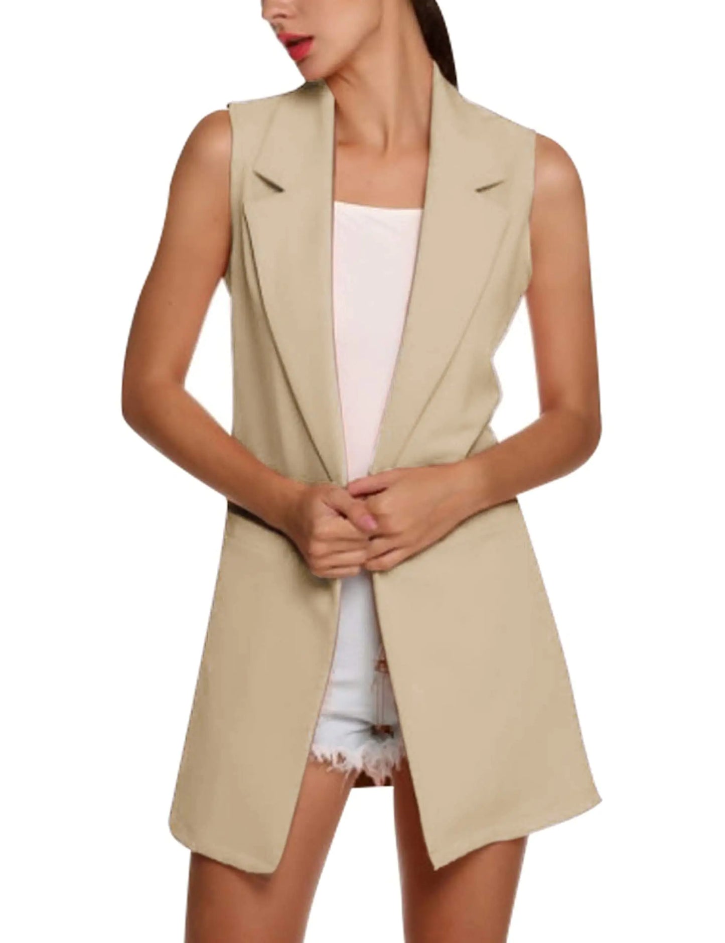 SCUSTY Black Cardigans Vests for Women Long Open Front Sleeveless Blazer Jackets(Khaki-M)
