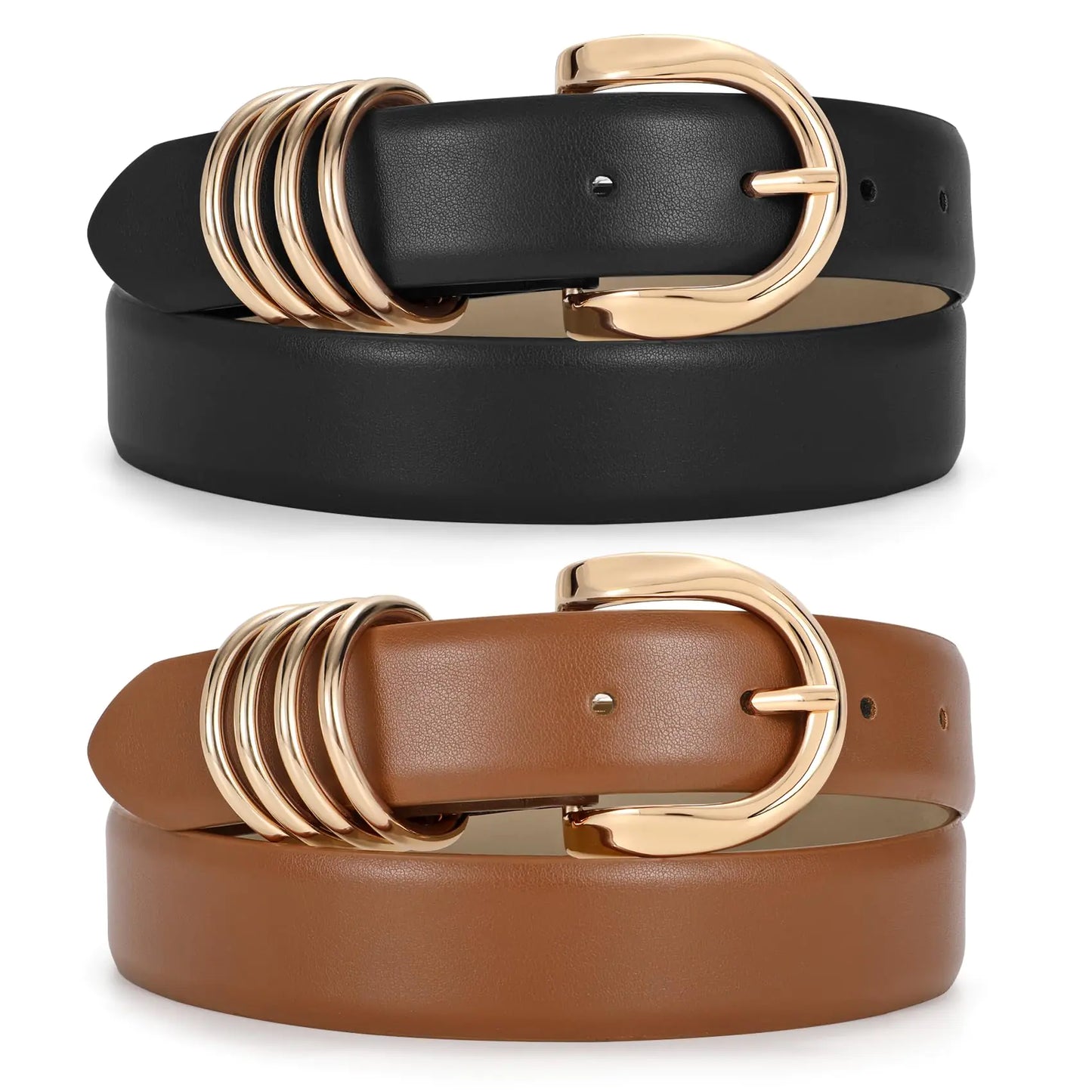 JASGOOD 2 Pack Womens Leather Belts for Jeans Pants Adjustable Fashion Ladies Dress Belts with Gold Buckle