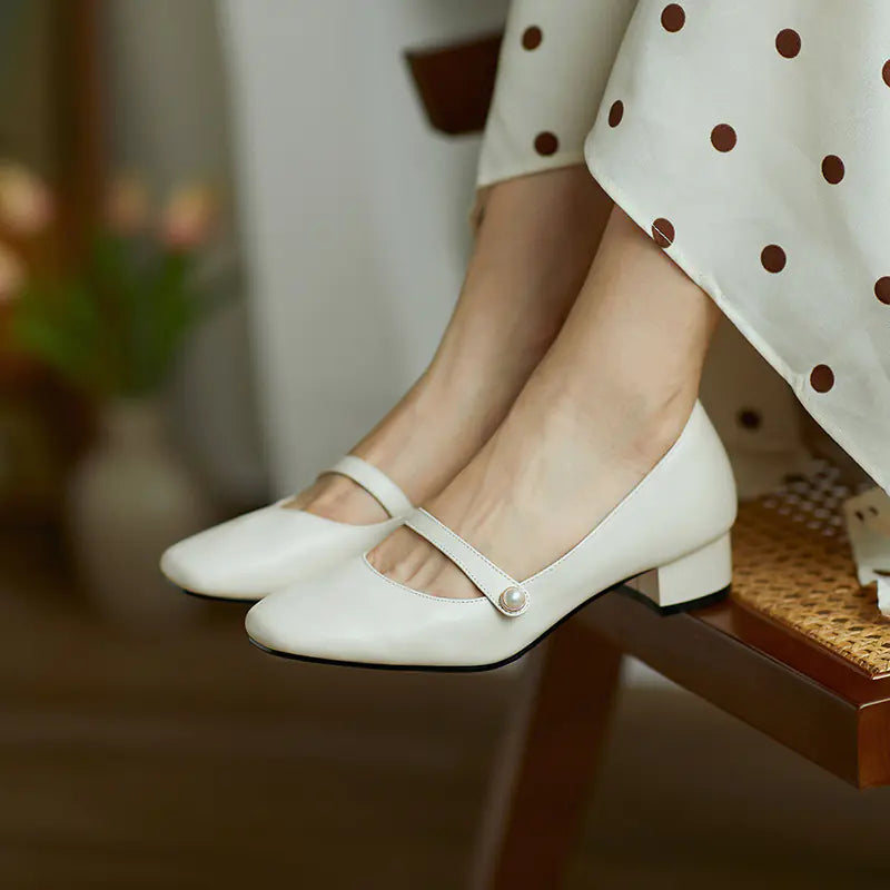 Vintage Chunky Heel Mary Jane Leather Shoes for Women