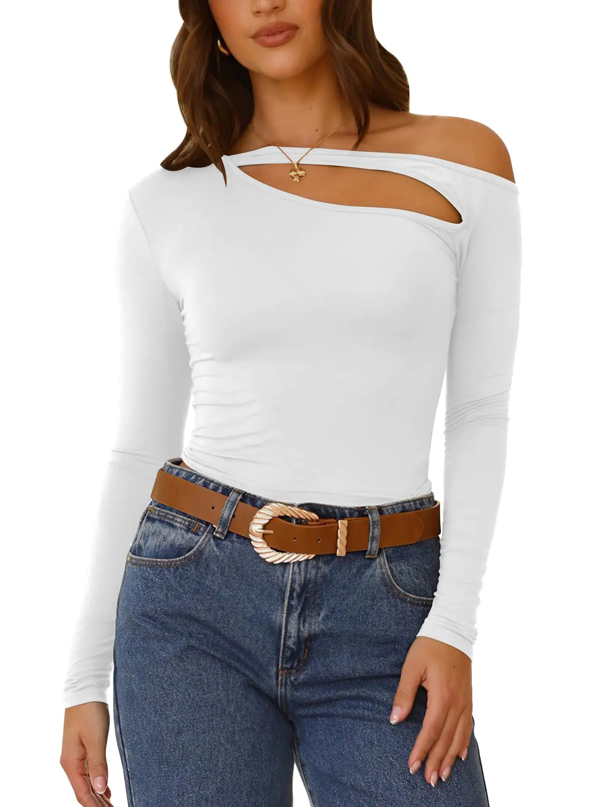 zhaistar Womens Long Sleeve Cutout T Shirts White L