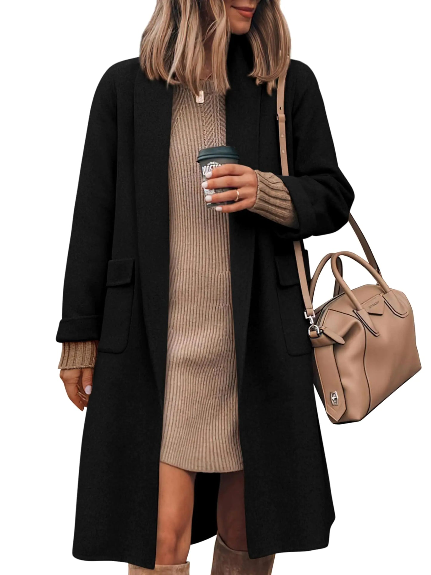 MASCOMODA Open Front Long Cardigan Sweaters for Women Trendy 2024 Fall Winter Oversized Sweater Coats Knit Coatigan Jackets(BlackSmall)
