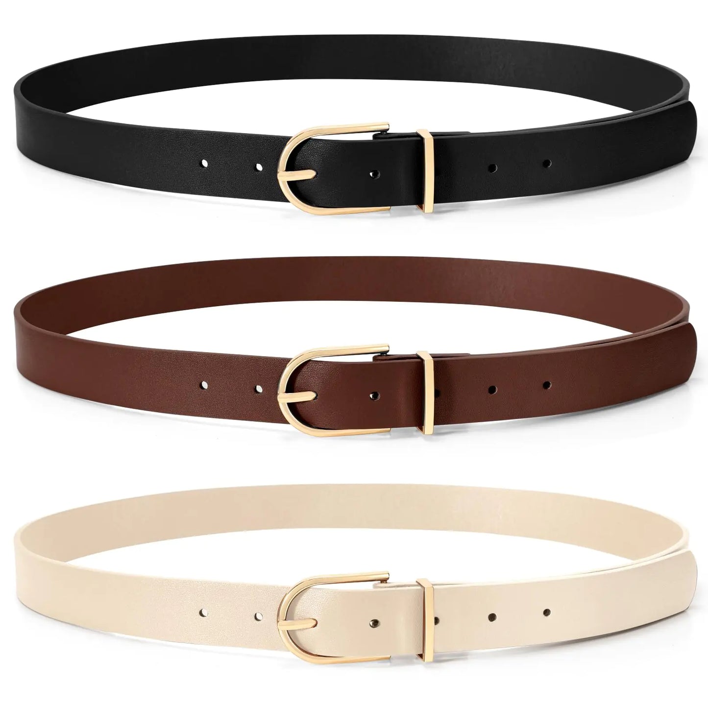 SUOSDEY 3 Pack Womens Fashion Leather Belts for Jeans Dresses Pants Black Brown Beige Ladies Belts with Gold Buckle