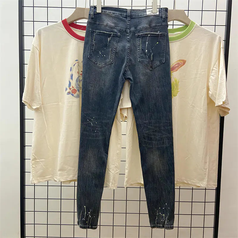 Slim Destruction Jeans for Men and Women with Paint Splash