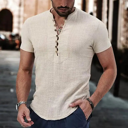2023 Men's Linen Casual Shirt - Simple V-Neck Summer Wear