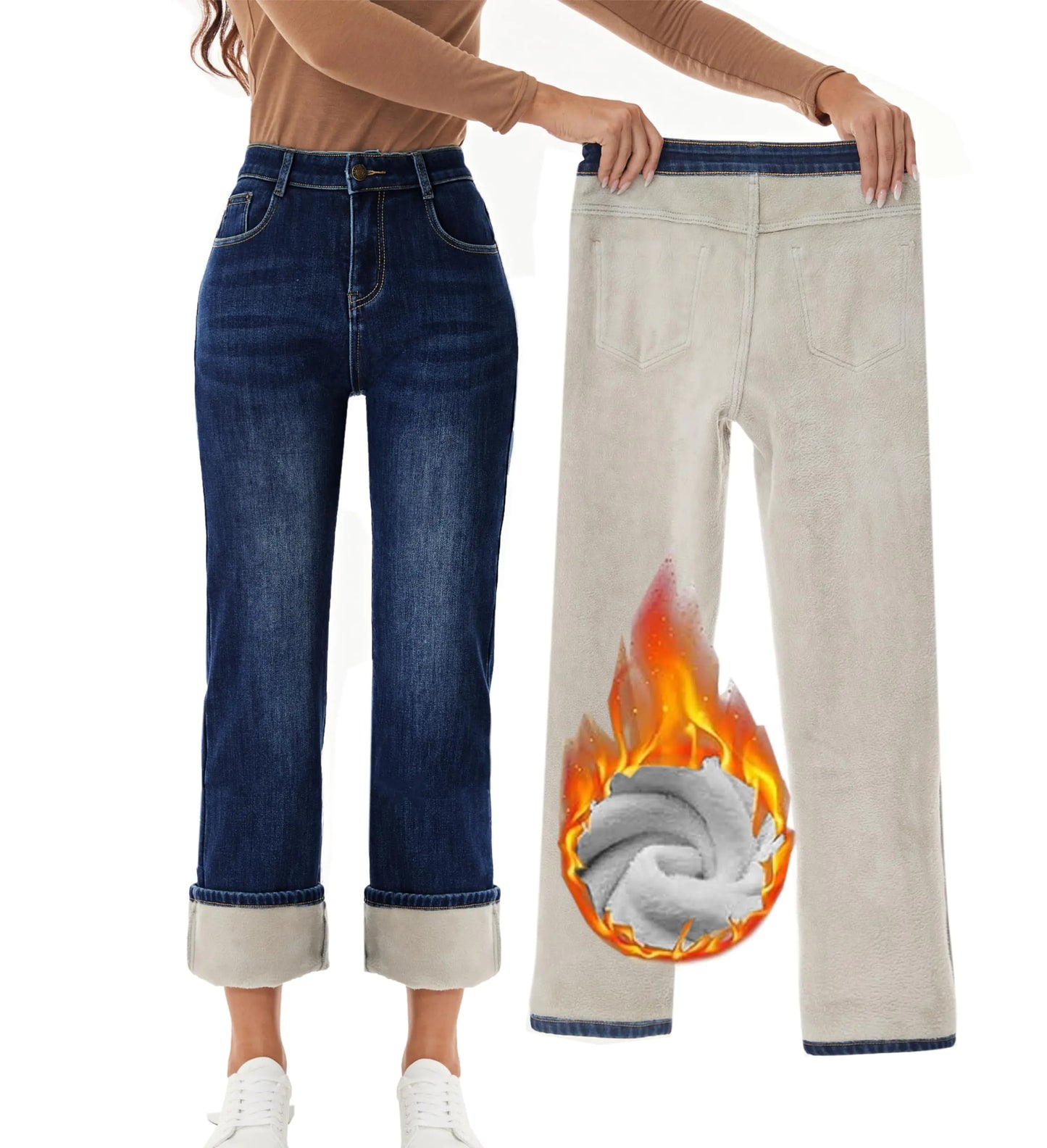 Yehopere Womens Fleece Lined Jeans Straight Leg Wide Jeans Winter Sherpa Flannel Lined Jeans