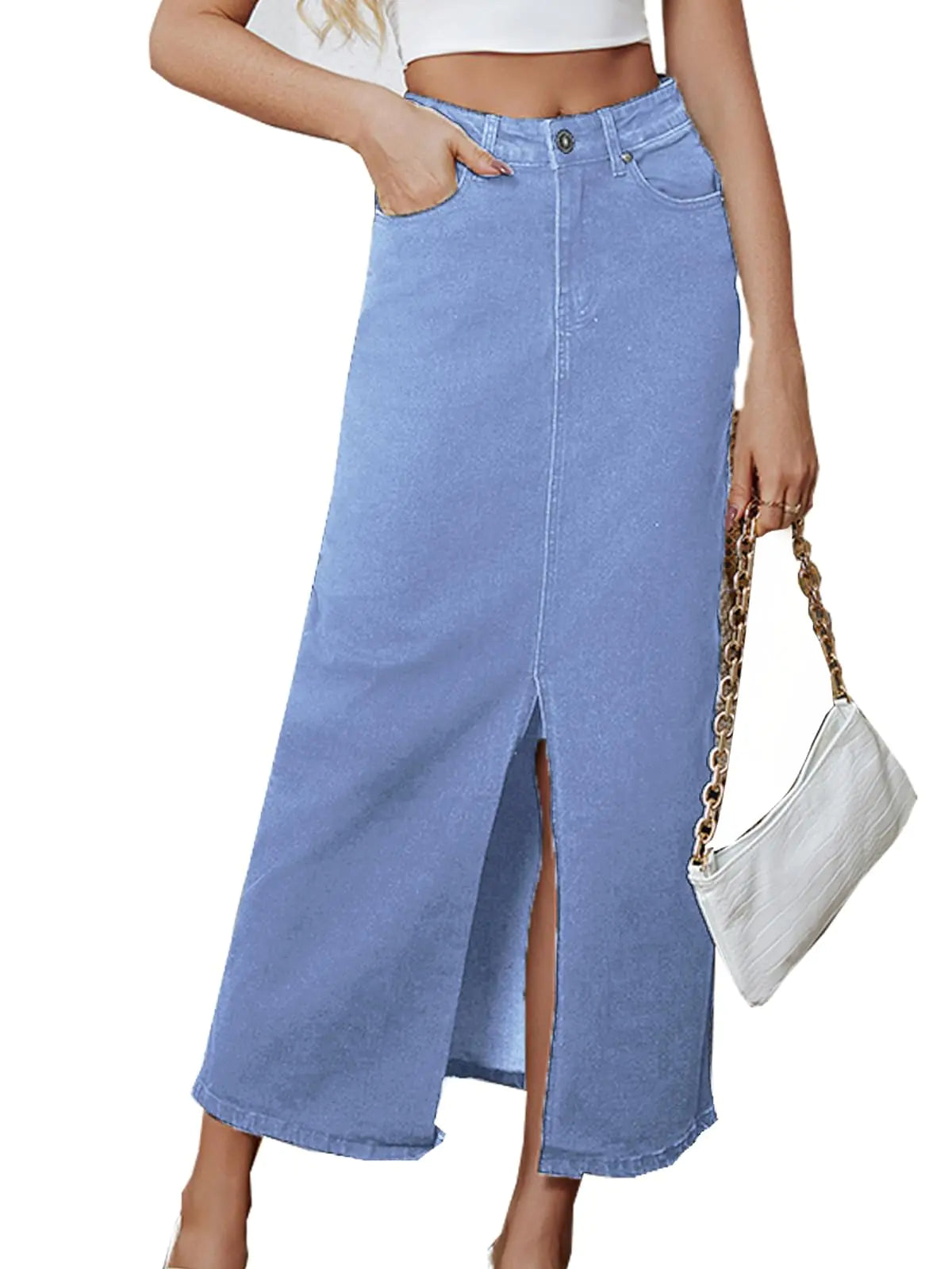 Denim Skirt for Women Midi Jeans Skirt A Line Slit Below The Knee Long Skirt
