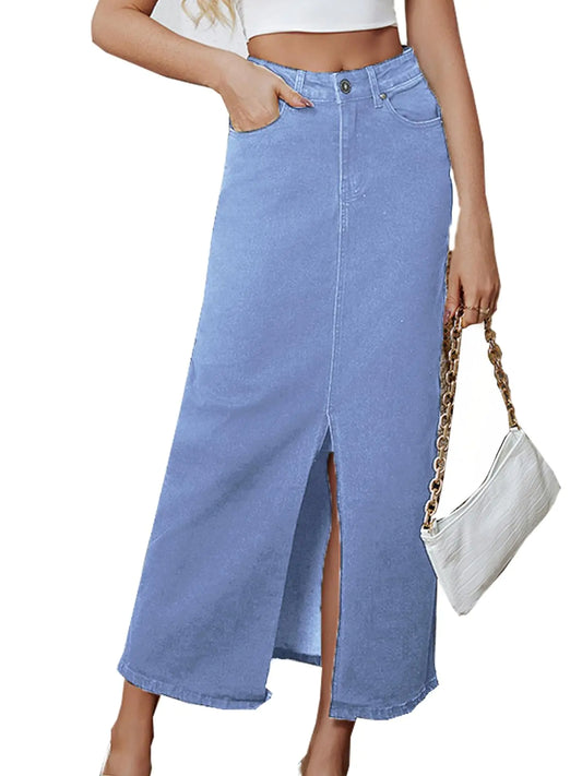 Denim Skirt for Women Midi Jeans Skirt A Line Slit Below The Knee Long Skirt