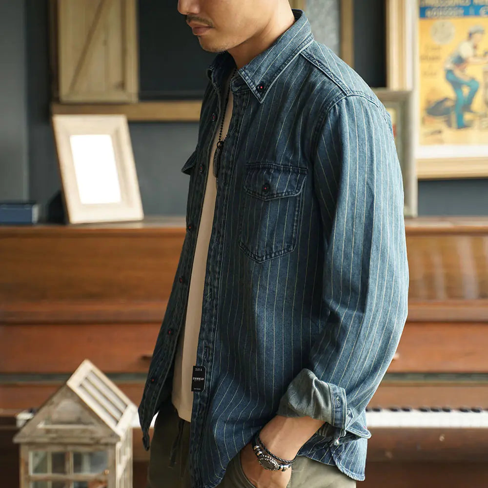 Retro Striped Denim Shirt - Long Sleeve Casual Coat