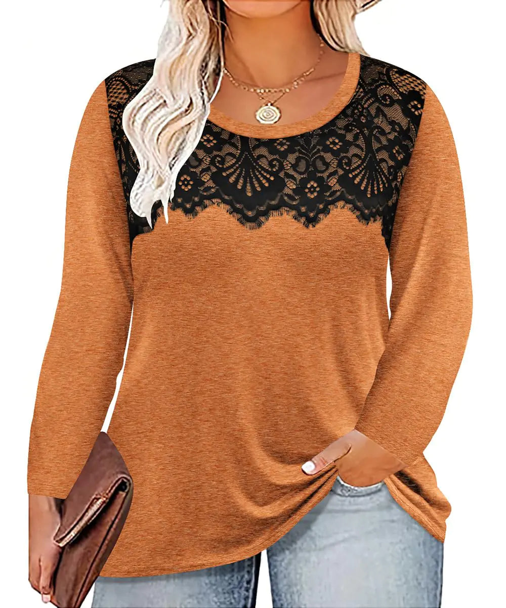 RITERA Plus Size Lace Tops for Women Long Sleeve Crewneck Pullover Fall Orange T-shirts Casual Loose Tunics Basic Tees Trendy T-Shirts XL 14W 16W