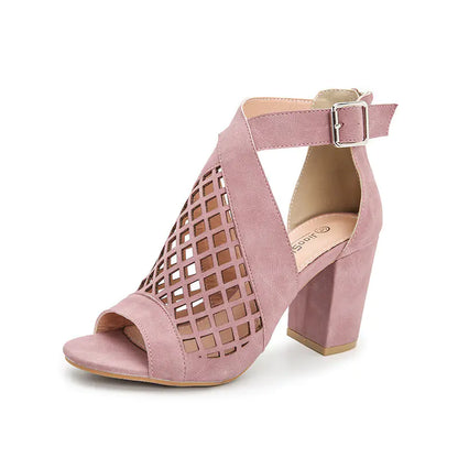 Chunky High Heel Hollow Buckle Roman Shoes for Women