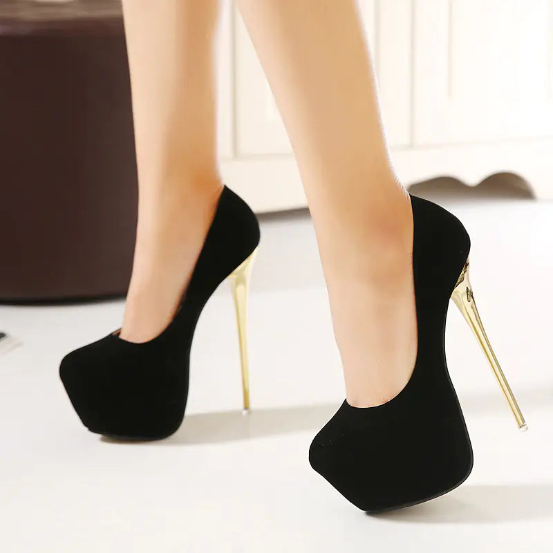 New Women's High Heel Suede Pumps - Black Nightclub Shoes