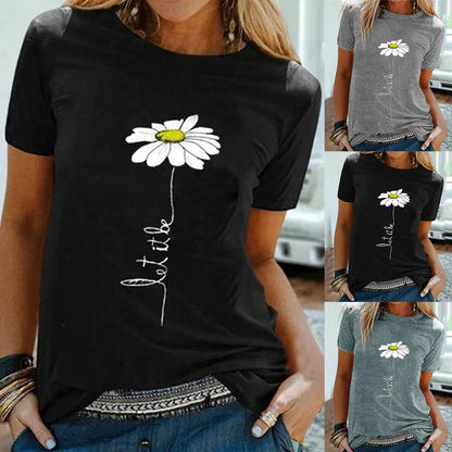 Embroidered Round Neck Chrysanthemum Print T-Shirt