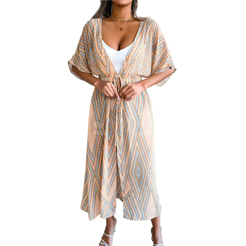 Women's Casual Printed Chiffon Cardigan with Lace-up