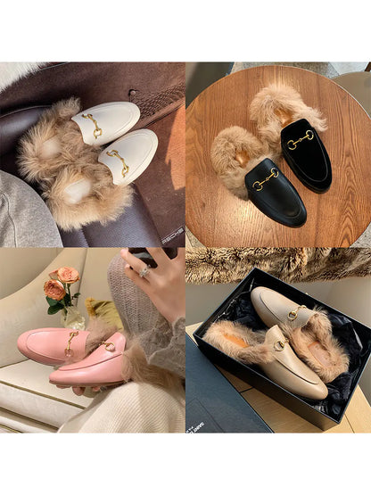 Fuzzy Flat Mule Shoes for Women - 2023 Autumn/Winter