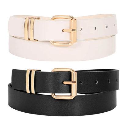 JASGOOD 2 Pack Women Belts for Jeans Ladies Leather Waist Belt for Pants Dresses with Gold Buckle