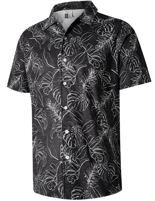 ELETOP Mens Hawaiian Shirt Summer Stretch Short Sleeve Tropical Beach Button Down Casual Shirt M032 Palm Leaf Black XXL